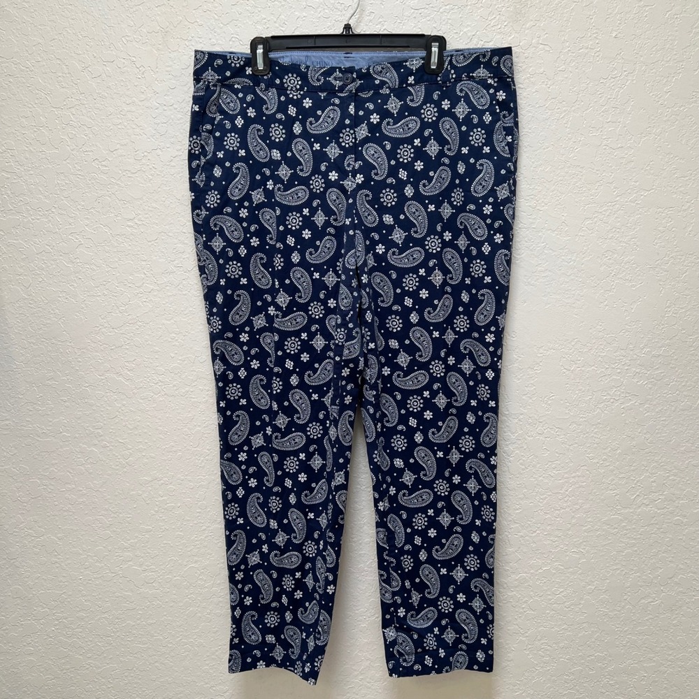 Talbots The Weekend Chino Navy Blue Paisley Bandana Pants Womens 16 Stretch